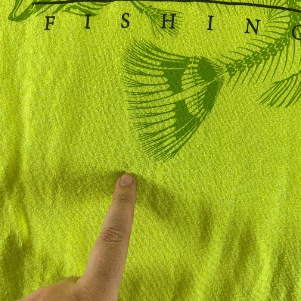 Bone Collector Fishing Shirt Mens Medium Neon Yellow Green Skeleton Fish Graphic
